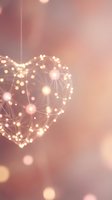 Glowing heart-shaped network with connected nodes and warm lights on soft pink background for romantic technology and digital love concepts.