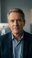 Middle-aged Caucasian male professional wearing navy blazer and light blue shirt, displaying confident expression in modern office setting for corporate portraits.