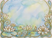 Watercolor lotus flowers frame with pastel colors and ornate swirls creating decorative border on soft gradient background for wedding invitations and cards.