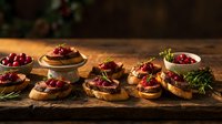 Cranberry bruschetta appetizers on toasted bread with herbs arranged on rustic wooden board for holiday entertaining and festive gatherings.