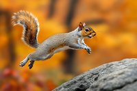 Gray squirrel jumping from tree branch with vibrant orange autumn foliage background in natural forest habitat during fall season.