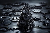 Dark metallic gears arranged in pyramid shape against scattered mechanical cogs background, dramatic lighting creates industrial machinery atmosphere.