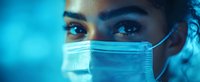 Young Hispanic female healthcare worker wearing protective surgical mask in dramatic blue lighting, close up view focusing on expressive eyes and face protection.