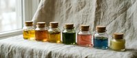 Assorted glass bottles with cork stoppers containing colorful essential oils, aromatherapy liquids, and natural extracts arranged on linen fabric near window light for wellness and spa applications.