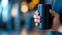 Hand holding black reusable coffee cup against blurred city lights background, representing sustainable lifestyle and morning commute concept.
