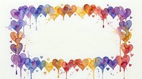 Watercolor rainbow hearts frame border with paint drips on white background, isolated design element for romantic greeting cards and love decorations.
