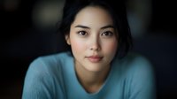 Young Asian woman in turquoise sweater looking at camera with gentle smile against dark background, soft focus portrait with natural makeup and black hair.
