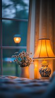 Cozy evening window scene with glowing table lamp, white daisies in vase, and lit candle creating warm ambiance against twilight backdrop. Perfect for lifestyle content.