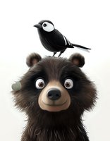 Cute cartoon brown bear with friendly smile and big eyes looking up at small black bird perched on head. Whimsical children's book style illustration on white background.