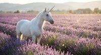 White unicorn standing gracefully in blooming lavender field during golden hour sunset with mountains in background creating magical fantasy scene.