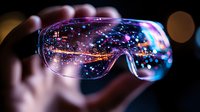 Protective goggles reflecting vibrant city lights and bokeh effects against dark background, creating futuristic mood with neon colors and sparkles. Suitable for tech concepts.