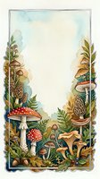 Watercolor forest mushroom frame with red spotted toadstools, ferns and autumn leaves creating decorative border for nature-themed designs and botanical projects.