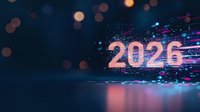 Glowing pink 2026 number with sparkle effects and light trails on dark blue background with bokeh lights, reflecting on glossy surface.