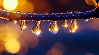 Glowing light bulbs hanging on string with water drops reflecting golden bokeh lights against dark blue evening background. Magical outdoor party atmosphere.