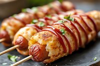 Grilled spiral-cut hot dogs on wooden skewers topped with ketchup and fresh herbs, served on dark slate surface with selective focus and natural lighting.