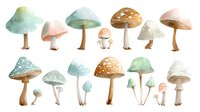 Delicate watercolor mushrooms in soft pastel colors of mint green, blush pink, and brown with white spots, arranged in decorative rows on white background.