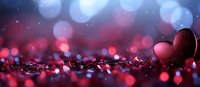 Red heart on glittering surface with romantic bokeh lights in pink and blue tones creating dreamy atmosphere for Valentine's Day or love concept backgrounds.
