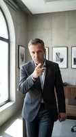Confident middle-aged Caucasian businessman in gray suit pointing finger at camera in modern office with concrete walls and framed artwork.