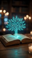 Open book with glowing neon tree of knowledge emerging from pages, surrounded by warm bokeh lights. Represents learning, education, growth, and digital transformation for educational content.