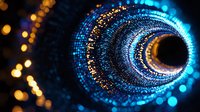 Glowing blue digital tunnel with bokeh light effects and particle swirl creating futuristic cyber vortex pattern against dark background. For tech concepts.