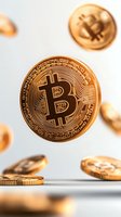Golden cryptocurrency coin floating above surface with blurred coins in background, macro shot with selective focus capturing metallic detail and texture.