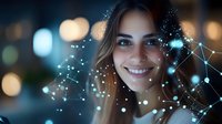 Young woman with glowing digital network overlay smiling against blurred bokeh lights background, representing artificial intelligence and future technology.