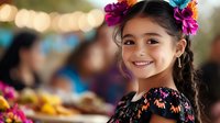Young girl with dark hair and bright smile wearing colorful flower hair clips and patterned top at outdoor festival or celebration event with blurred festive background.