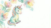 Watercolor unicorn with rainbow mane surrounded by pastel flowers on white background. Magical fantasy creature illustration for nursery decor and children designs.