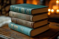 Stack of vintage hardcover books in teal and brown colors on wooden surface with warm candlelight bokeh in background, creating cozy reading atmosphere.