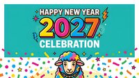 Happy New Year 2027 celebration greeting with colorful confetti, festive decorations, and a cheerful sheep character on turquoise background, suitable for holiday cards, social media posts, and seasonal marketing materials.