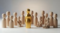 Golden wooden figure stands out among group of natural wood people representing leadership, teamwork and business success concepts.