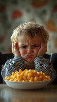 Young child with grumpy expression refusing to eat macaroni and cheese dinner, holding head in hands while sitting at wooden table. Picky eating concept.