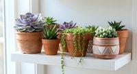 Collection of succulent plants in decorative terracotta pots arranged on white shelf near window for modern home decor and indoor gardening.
