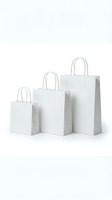 Three white paper shopping bags in different sizes arranged on clean background for retail packaging and commercial branding projects.