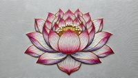 Pink lotus flower embroidery on white fabric with detailed petals and golden center, traditional needlework art for meditation and spiritual decor.