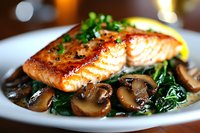 Grilled salmon fillet with sauteed mushrooms and spinach on white plate, garnished with fresh herbs and lemon, rich in texture and warm lighting.