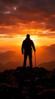 Silhouetted male hiker standing on rocky mountain peak at dramatic golden sunset with trekking pole, overlooking layered mountain ranges in warm orange and amber light.
