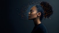 Young African American woman in profile view with glowing sparkles and particles flowing through dark curly hair against dramatic dark background.