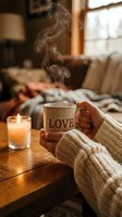 Cozy woman in knit sweater holding steaming love mug by candlelight on wooden table in warm living room, hygge winter mood.
