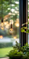 Decorative light bulbs with heart design hanging by window, soft bokeh background and green plants creating cozy atmosphere. Perfect for interior design projects.