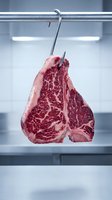 Raw beef steak hanging on metal hook inside refrigerator with bright lighting, showcasing marbled meat texture for butcher shop, restaurant kitchen, food storage, and culinary content.