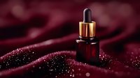 Luxurious dark amber essential oil dropper bottle on burgundy velvet fabric with sparkling glitter bokeh effect, dramatic lighting for cosmetic advertising.