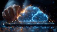 Digital cloud computing concept with glowing neon cloud hologram and hand reaching through dark surface with sparkles and light effects.