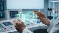 Engineer or technician with brown skin tone examining holographic digital blueprint interface in modern laboratory setting, representing innovation, technology development, and future engineering solutions.