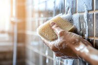 Hand holding yellow sponge cleaning bathroom tile wall with soap suds and water droplets, close-up view showing domestic cleaning process in morning light.