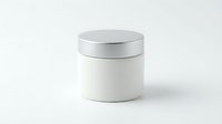 Cylindrical white cosmetic jar with metallic silver lid on neutral background, suitable for skincare, moisturizer, or cream product packaging mockups.