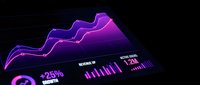 Futuristic holographic financial data visualization with glowing purple neon charts and analytics dashboard displaying market trends and statistics on dark background.