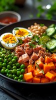 Healthy protein bowl with salmon, soft boiled eggs, butternut squash, green peas, cucumber, chickpeas and black sesame seeds on dark plate, close up view.