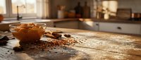 Golden honey dripping from wooden dipper with scattered coffee beans on rustic kitchen counter creating warm morning atmosphere for culinary content.