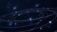 Glowing orbital paths with illuminated nodes on dark background, representing planetary systems, atomic structures, or digital networks for science and technology concepts.